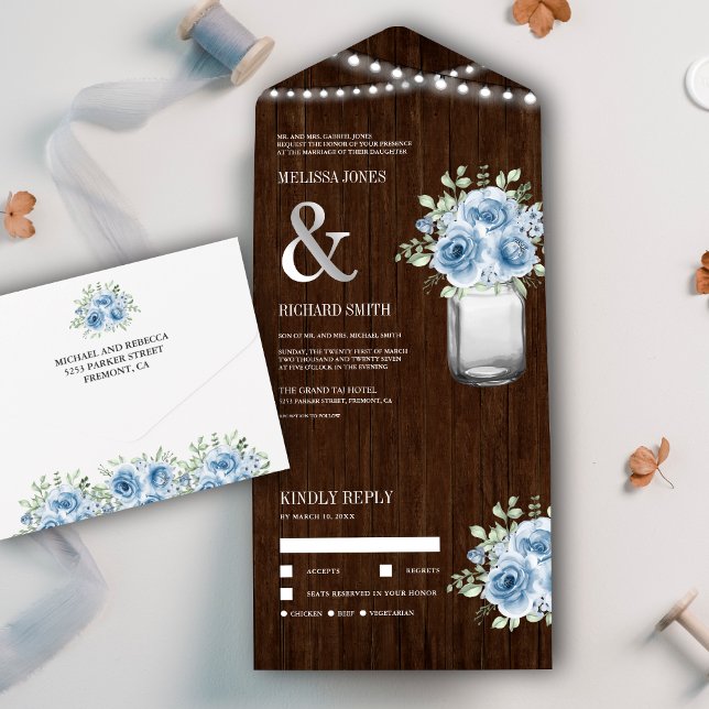 Invitación Todo En Uno Mason Jar Dusty Blue Floral Boda (Subido por el creador)