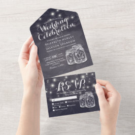 Invitación Todo En Uno Mason Jars String ilumina a Boda de flores azules