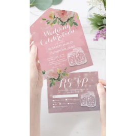 Invitación Todo En Uno Mason Jars String ilumina flores rosadas Wedding R