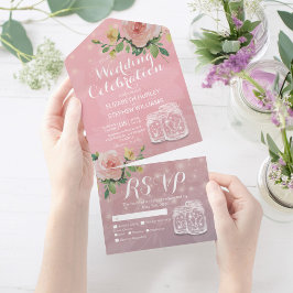 Invitación Todo En Uno Mason Jars String ilumina flores rosadas Wedding R