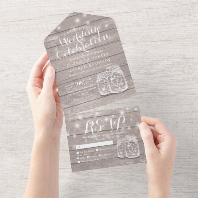 Invitación Todo En Uno Mason Jars String ilumina la boda de madera rústic (desgarro)