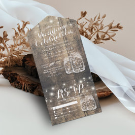 Invitación Todo En Uno Mason Jars String ilumina la boda de madera rústic