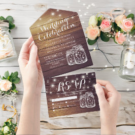 Invitación Todo En Uno Mason Jars String ilumina la boda de madera rústic