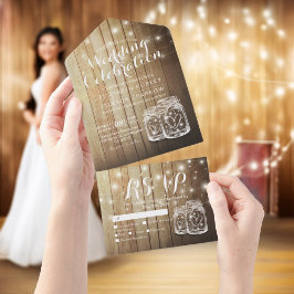 Invitación Todo En Uno Mason Jars String ilumina la boda de madera rústic