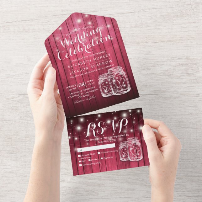 Invitación Todo En Uno Mason Jars String ilumina la boda de madera rústic (desgarro)