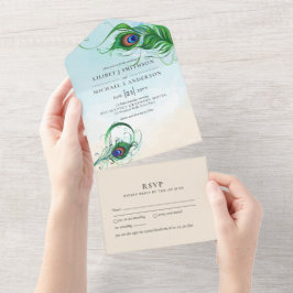 Invitación Todo En Uno Matrimonio de coral de la pluma de pavo real 3in1