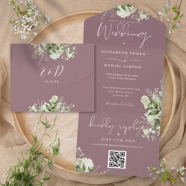 Invitación Todo En Uno Mauve Greenery Floral Código QR Monograma Boda (Mauve Greenery Floral QR Code Monogram Wedding All In One Invitation)