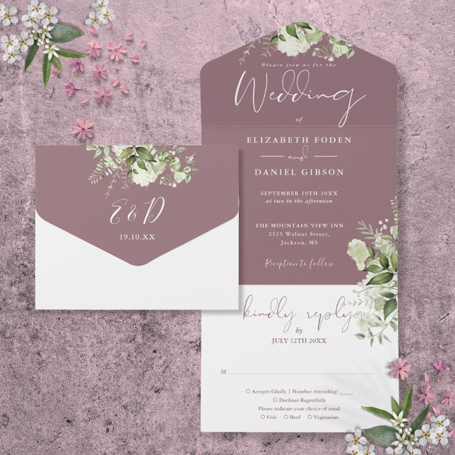 Invitación Todo En Uno Mauve Greenery Floral Monograma Boda (Mauve Greenery Floral Monogram Wedding All In One Invitation)