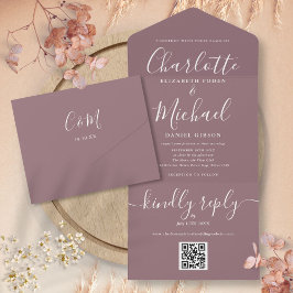 Invitación Todo En Uno Mauve QR Código Script Boda Minimalista