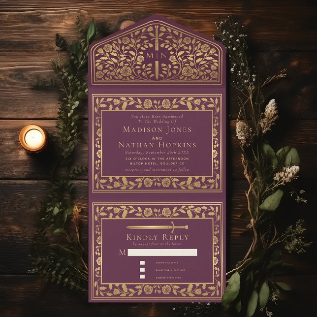 Invitación Todo En Uno Mauve Royal Medieval Sword Boda (Subido por el creador)