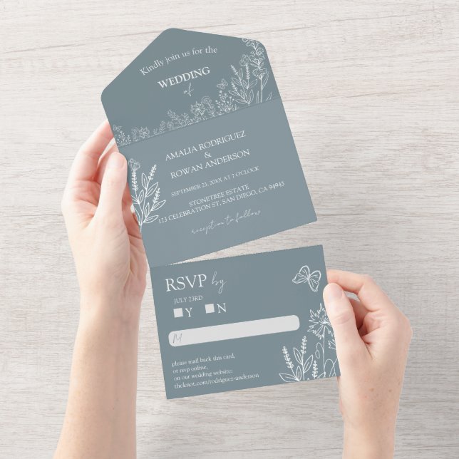 Invitación Todo En Uno Meadow Flowers Blue Gray Wedding RSVP (desgarro)