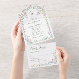 Invitación Todo En Uno Meadow Pastel Rosas franceses Boda de flores