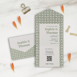 Invitación Todo En Uno Mediados del Siglo Mod Retro Boda Olive Green