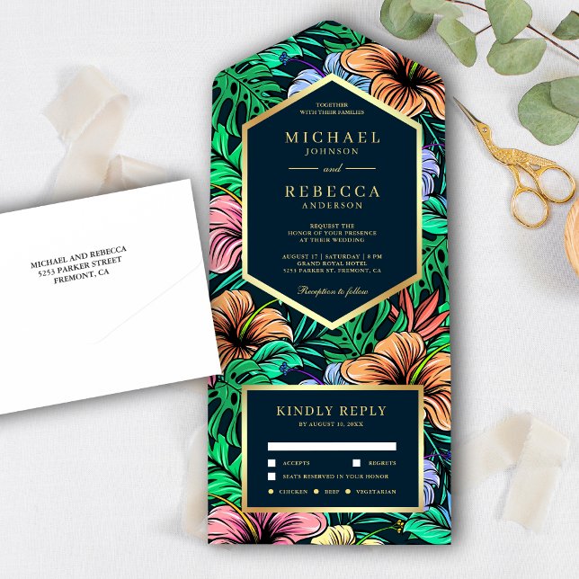 Invitación Todo En Uno Medianoche Tropical Vibrante Boda de Jardín Floral (Subido por el creador)