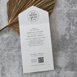Invitación Todo En Uno MEGHAN Código QR blanco negro Monograma Boda moder