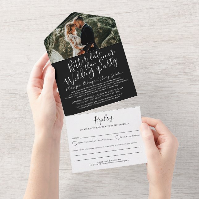 Invitación Todo En Uno Mejor fiesta de boda tarde RSVP foto blanco negro (desgarro)