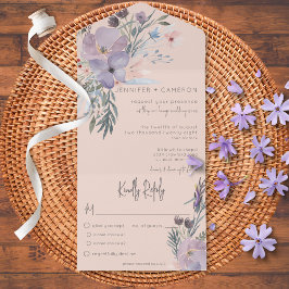 Invitación Todo En Uno Melocotón Azul y Morado Boho Floral Rubor Cena