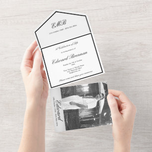 Invitación Todo En Uno Memorial funerario foto negro y blanco simple