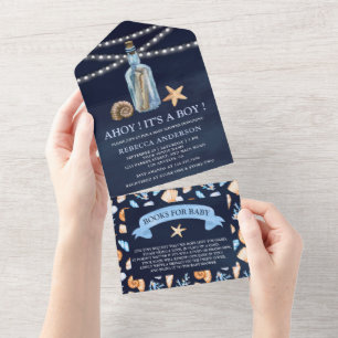 Invitación Todo En Uno Mensaje vintage en una Baby Shower azul de la mari