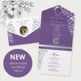Invitación Todo En Uno Menú de Fotos de Boda Floral Púrpura