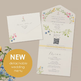 Invitación Todo En Uno Menú Flor Silvestre Boda Marfil