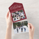 Invitación Todo En Uno Merry Christmas collage maroon red triplis<br><div class="desc">Envíe uno de los saludos navideños más amables con esta tarjeta fotográfica única de vacaciones. Con un elegante tratamiento tipo "Feliz Navidad" junto con un collage de siete fotos, este diseño también incluye una sección desmontable con una sola foto. Incluya una actualización de la familia en la parte posterior. Lo...</div>
