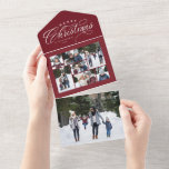 Invitación Todo En Uno Merry Christmas collage maroon red triplis<br><div class="desc">Envíe uno de los saludos navideños más amables con esta tarjeta fotográfica única de vacaciones. Con un elegante tratamiento tipo "Feliz Navidad" junto con un collage de siete fotos, este diseño también incluye una sección desmontable con una sola foto. Incluya una actualización de la familia en la parte posterior. Lo...</div>