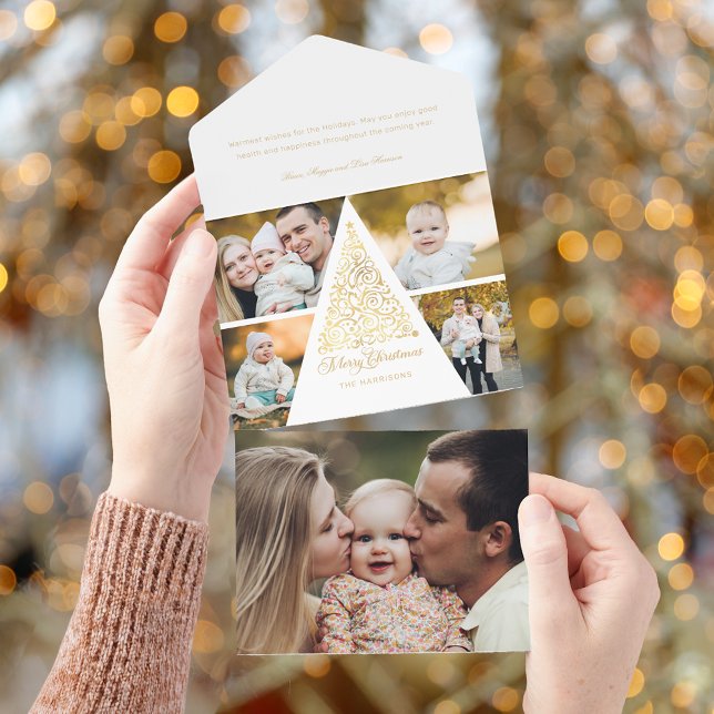 Invitación Todo En Uno Merry Christmas Gold Swirl Tree 4 Collage de fotos (Subido por el creador)