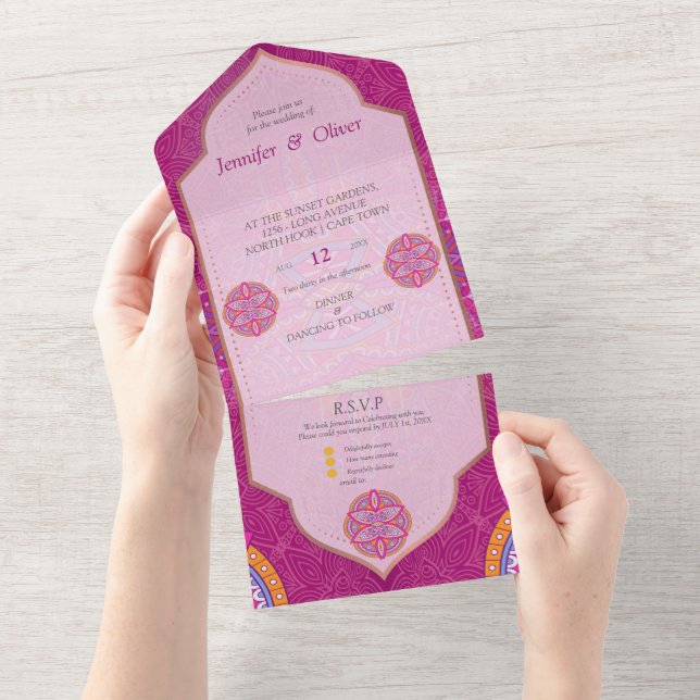 Invitación Todo En Uno Mezcla de Mandala en azul rosa de Cerise y Naranja (desgarro)