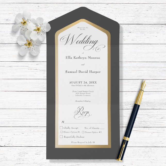 Invitación Todo En Uno Mínima cena moderna de oro blanco y negro (Subido por el creador)