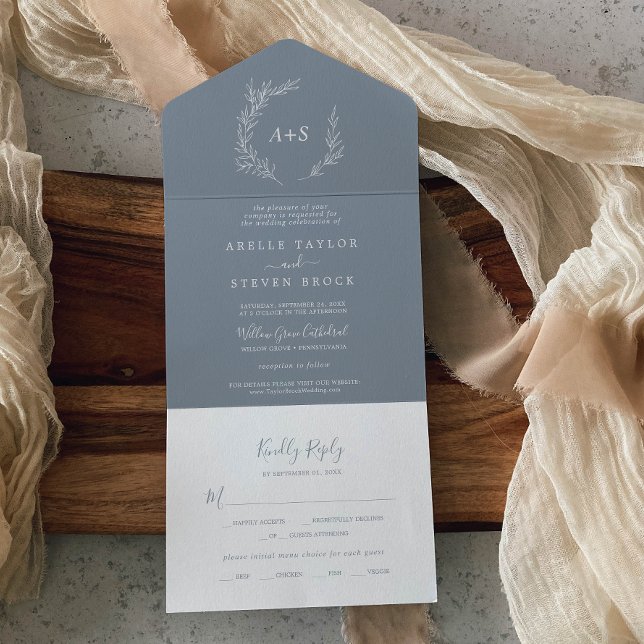 Invitación Todo En Uno Minimal Leaf | Boda Azul y Blanco (Minimal Leaf | Blue and White Wedding All In One Invitation)