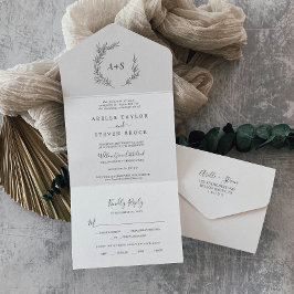 Invitación Todo En Uno Minimal Leaf | Boda Gris Oscuro