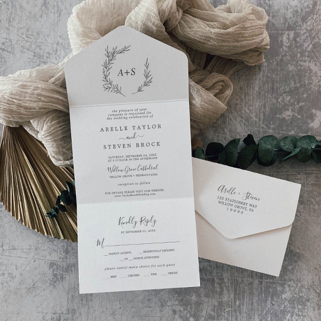 Invitación Todo En Uno Minimal Leaf | Boda Gris Oscuro (Minimal Leaf | Dark Gray Wedding All In One Invitation)