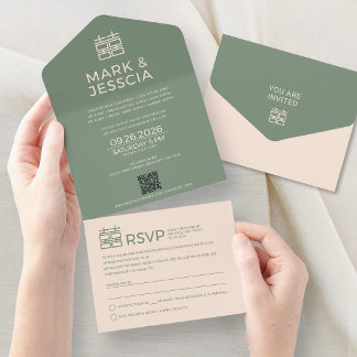 Invitación Todo En Uno Minimal Modern Vietnamese/English Wedding GREEN   