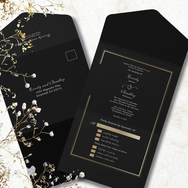 Invitación Todo En Uno Minimalist Black Background Gold Frame Wedding (Subido por el creador)