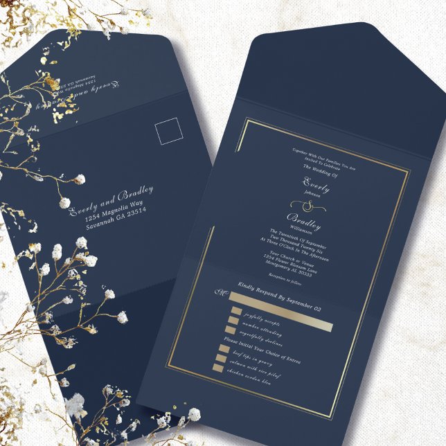 Invitación Todo En Uno Minimalist Navy Background Gold Frame Wedding  (Subido por el creador)