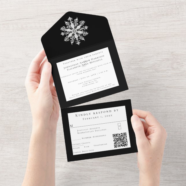 Invitación Todo En Uno Minimalist Snowflake Wedding | Black (desgarro)