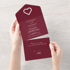 Invitación Todo En Uno Minimalista Boda moderno del corazón de Borgoña