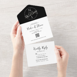 Invitación Todo En Uno Minimalista Boda moderno negro y blanco
