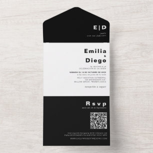 Invitación Todo En Uno Minimalista elegante Boda formal de la caja negra