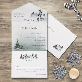 Invitación Todo En Uno Minimalista Evergreen Mountain Green Slate Blue