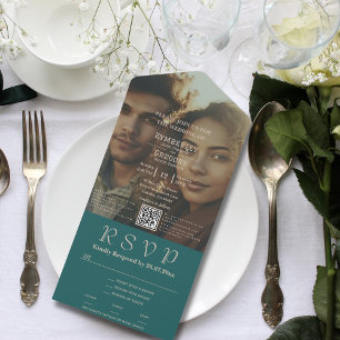 Invitación Todo En Uno Minimalista marfil Verde azulado oscuro foto corre