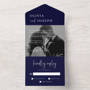 Invitación Todo En Uno Minimalista moderno simple   Boda fotográfico azul