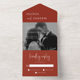 Invitación Todo En Uno Minimalista moderno simple Rich Red Photo Boda