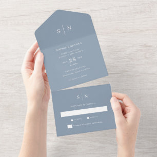 Invitación Todo En Uno Minimalista y Chic Azul Polvoriento Boda