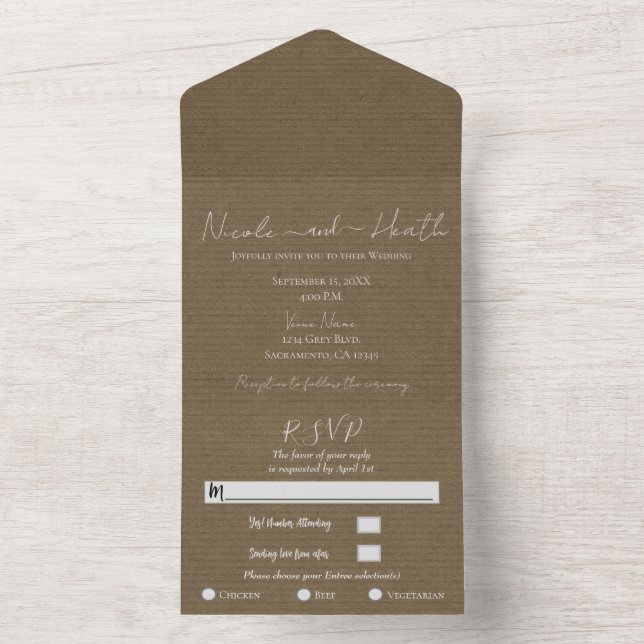Invitación Todo En Uno Mínimo Chic Moderno Marrón Rústico Foto Boda    (Interior)