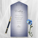 Invitación Todo En Uno Mínimo Navy Blue & White Blur Cena moderna<br><div class="desc">DISPONIBLE CON O SIN CÓDIGO QR O OPCIONES DE SELECCIÓN DE CENAS. Este diseño presenta un fondo azul marino con un centro ovalado blur blanco suave. Un monograma con la primera inicial de la novia y el novio lo completa. Creado por Simply Farmhouse Press.</div>