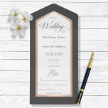 Invitación Todo En Uno Mínimo Negro y Rosa Blanco Oro Moderno Todo En Uno<br><div class="desc">DISPONIBLE CON O SIN CÓDIGO QR O OPCIONES DE SELECCIÓN DE CENAS. Este diseño presenta un fondo negro de carbón vegetal con un área de texto blanco enmarcada en oro falso rosa. Un monograma con la primera inicial de la novia y el novio en la solapa exterior lo completa. Creado...</div>