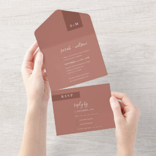 INVITACIÓN TODO EN UNO MÍNIMO TERRACOTTA RUST MONOGRAM BODA SCANDI