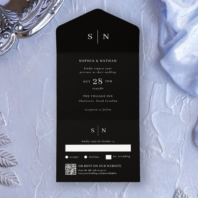 Invitación Todo En Uno Mínimo y Moda Negro | Boda de código QR (Subido por el creador)